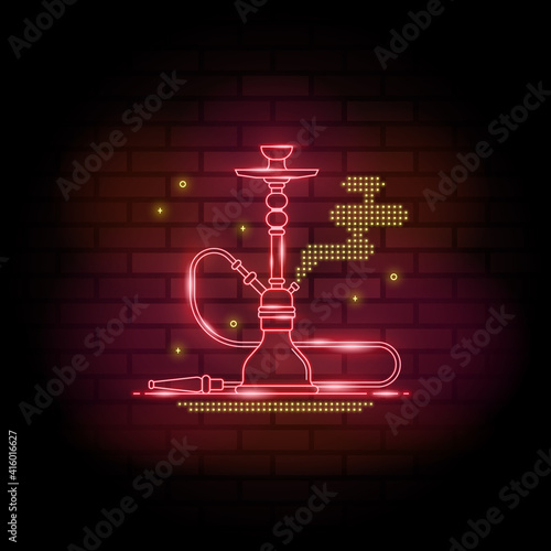 Hookah neon signs on dark brick wall background