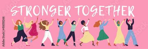 Womens day (IWD) - International  women's rights Day and femininity day. 8 March. Different nationalities. Inscription: Stronger together. horizontal banner. Group of multicultural trendy girls.