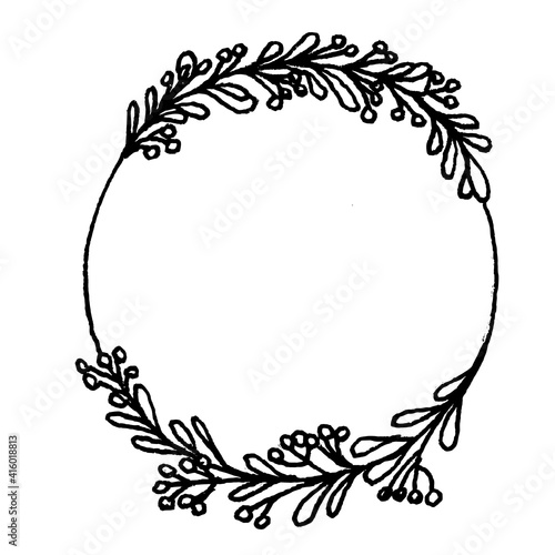 Spring wreath of olive branches with olives. The technique silhouette. The color is black.