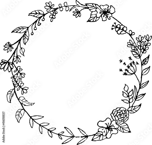 Spring wreath of olive branches with olives. The technique silhouette. The color is black.