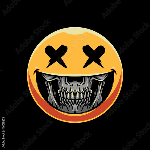 skull grin emoticon illustration and tshirt design