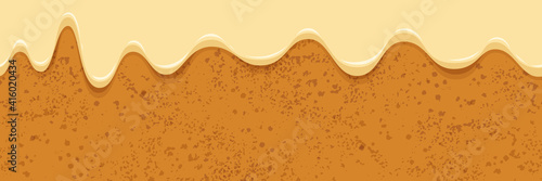 Cake texsture horizontal banner. Biscuit seamless pattern with creamy glaze. Panettone border with spreading sweet cream. Vector design template for banner, poster, flyer, postcard, cover,advertising