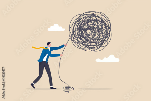 Leadership to deal and handle business problem, skill and decision to overcome difficulty or uncertainty, crisis management concept, smart businessman calmly control and solve mess line problem.