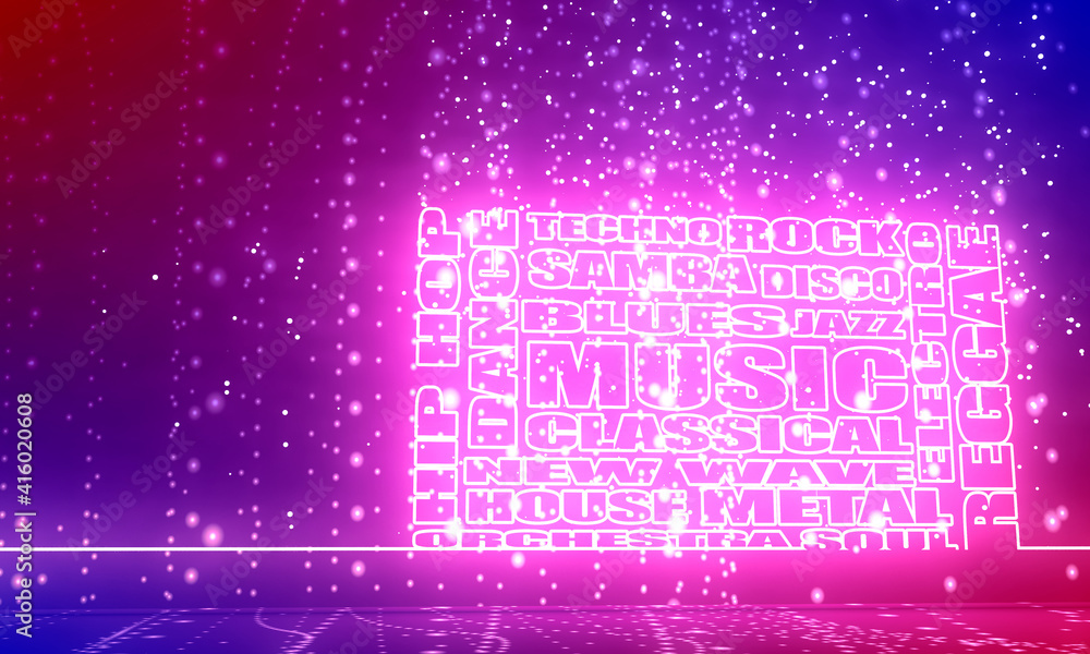 Fototapeta premium Main music genres clouds list thin line tags. 3D rendering. Neon shine