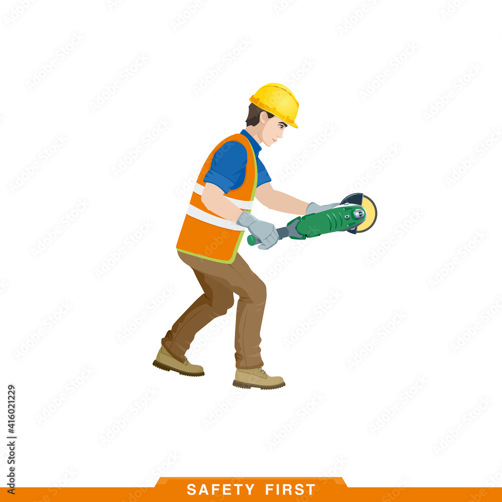 Works on a grinder. Worker, builder works with a construction tool. Vector illustration of a man constructor with instruments in his hands Works on a grinder. Worker, builder works with a construction tool. Vector illustration of a man constructor with instruments in his hands