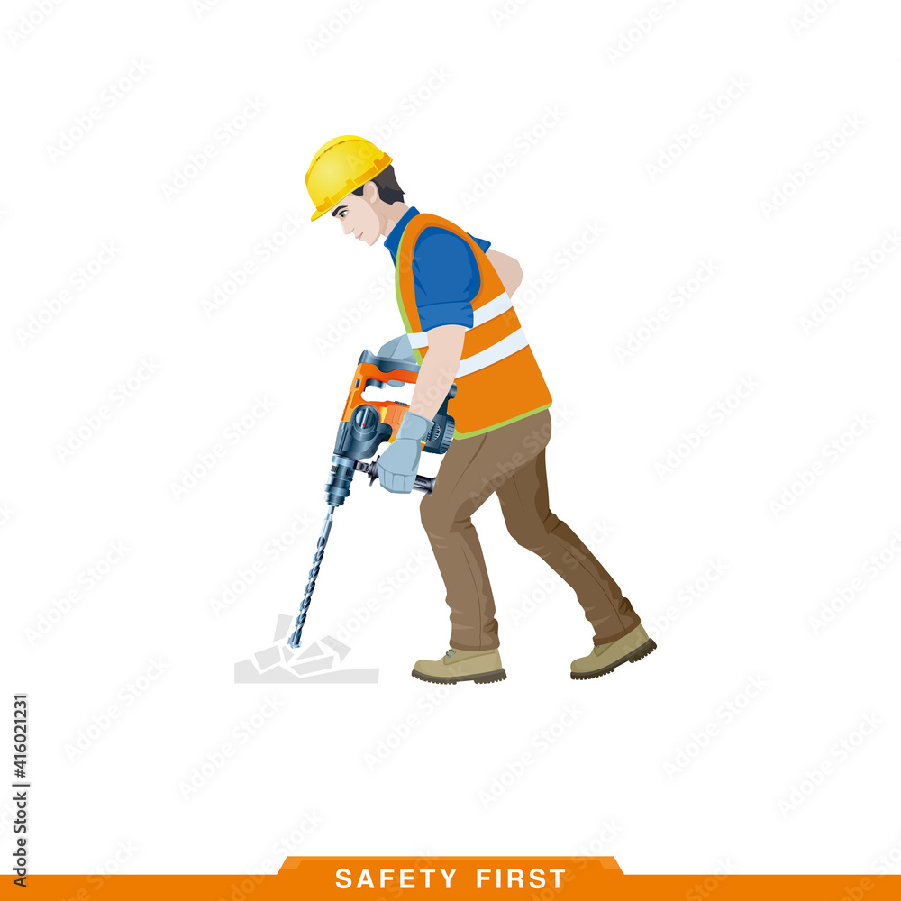Works as a puncher. Worker, builder works with a construction tool. Vector illustration of a man constructor with instruments in his hands Works as a puncher. Worker, builder works with a construction tool. Vector illustration of a man constructor with instruments in his hands