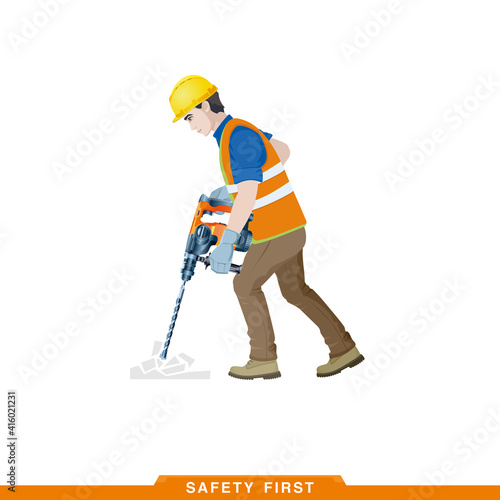 Works as a puncher. Worker, builder works with a construction tool. Vector illustration of a man constructor with instruments in his hands