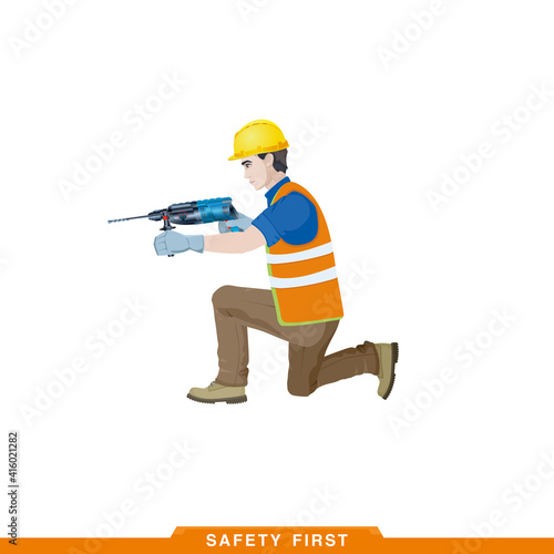 Works as a puncher. Worker, builder works with a construction tool. Vector illustration of a man constructor with instruments in his hands