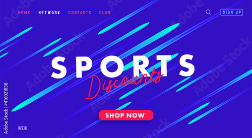 promo landing page for sports goods discounts with blue background and bright abstract banner composition, with interface and menu