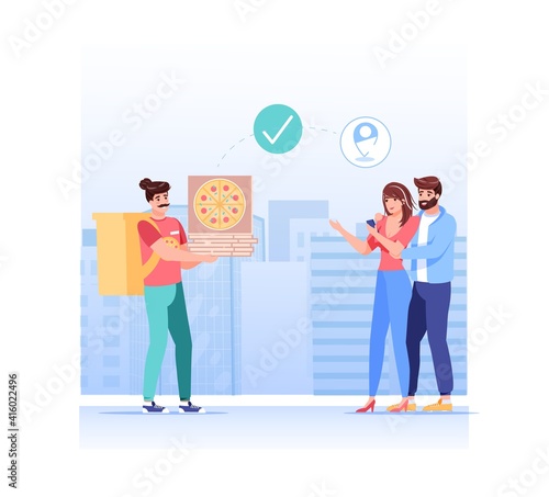 Vector cartoon flat characters receive online orders buys.Food delivery service workflow-courier gives purchase,ordered pizza to happy customers-online shop,web site banner ad concept