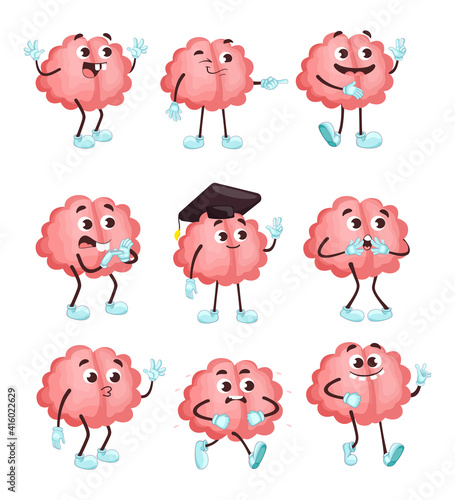 Trendy cute brain in different poses flat illustration set. Cartoon brainy character emotions isolated vector illustration collection. Brainpower, mind and intelligence concept