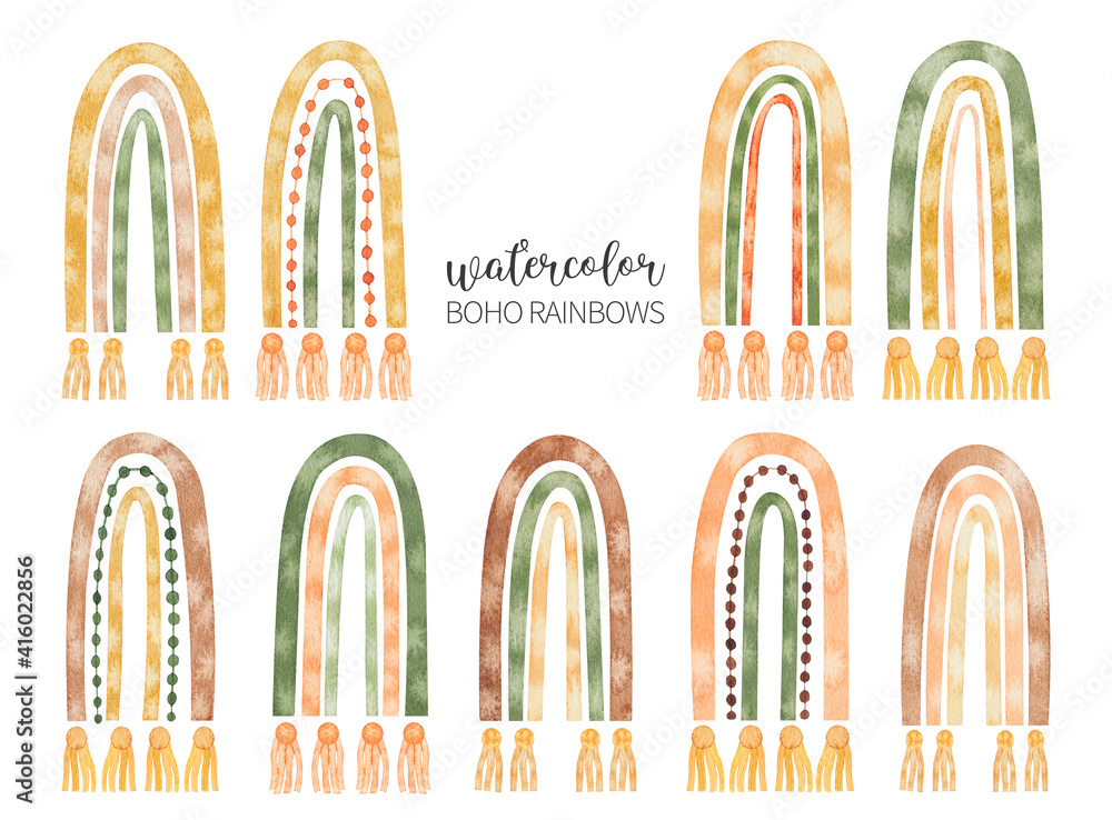 Watercolor boho rainbows set. Hand drawn modern abstract rainbows illustration for baby shower invitation, boho kids party decoration, poster and other. Watercolor boho rainbows set. Hand drawn modern abstract rainbows illustration for baby shower invitation, boho kids party decoration, poster and other.