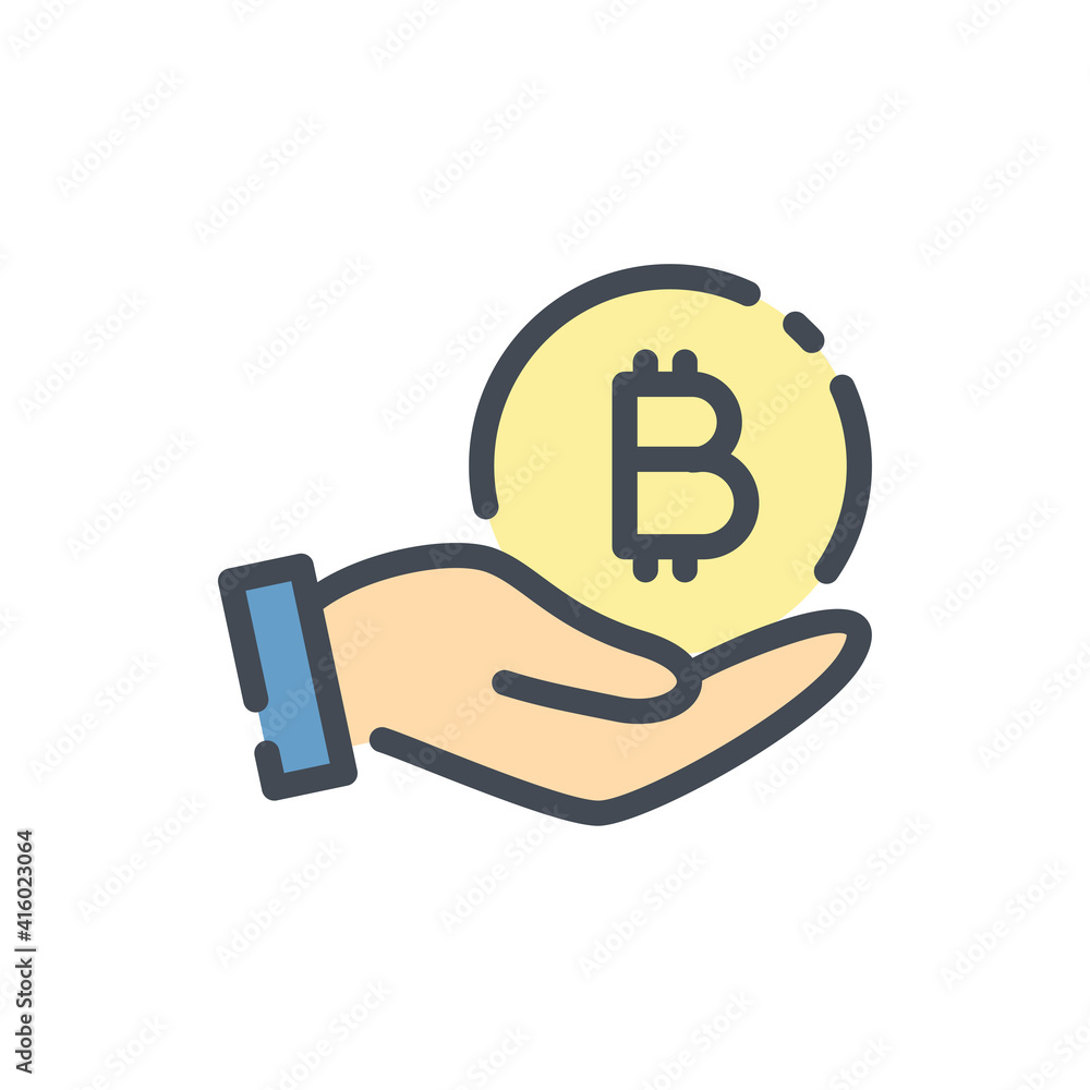 Buy bitcoin color line icon. Hand holding bitcoin vector outline colorful sign. Buy bitcoin color line icon. Hand holding bitcoin vector outline colorful sign.