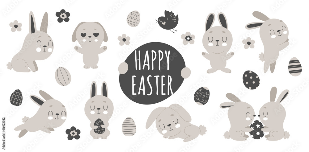 Fototapeta premium Set of cute Easter bunnies, flowers and decorated eggs on a white background. Traditional symbol of Easter. Funny animals in different poses.