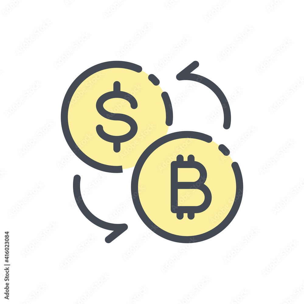 Bitcoin exchange color line icon. Exchange of dollars for bitcoin vector outline colorful sign.