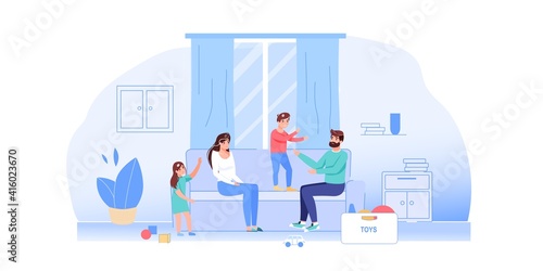 Vector cartoon flat family characters life scene situation.Children misbehave,bothering mom and dad,parents try calm them-quarantine communication,family relationships,web site banner ad concept