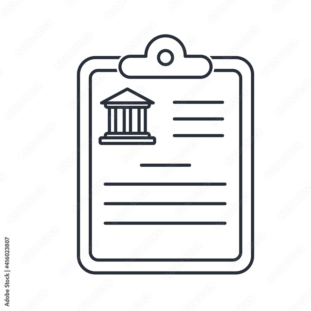 A document with a picture of a bank. Concept of an important bank document, documentation in a folder with files, terms of an agreement. Vector icon isolated on white background. A document with a picture of a bank. Concept of an important bank document, documentation in a folder with files, terms of an agreement. Vector icon isolated on white background.