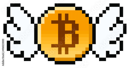 Pixel bitcoin with wings (vector)