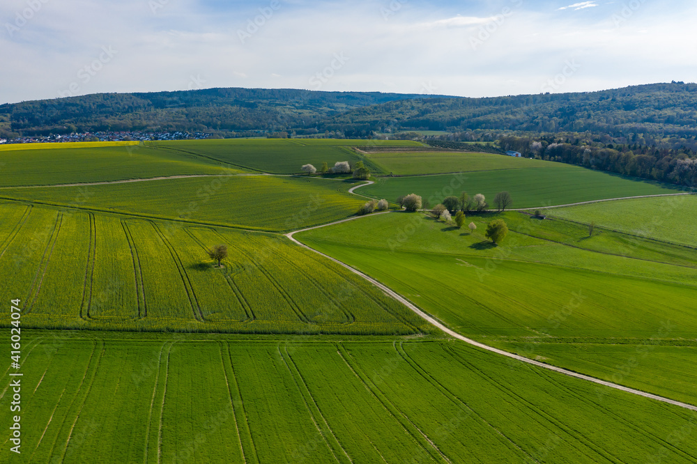 Naklejka premium Bird's eye view of a spring landscape from above in the Taunus / Germany