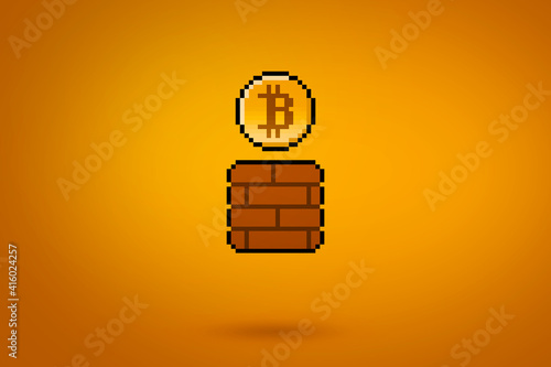 Pixel bitcoin coming from a gaming block