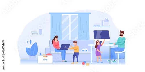 Vector cartoon flat family characters life scene situation.Children misbehave,bothering mom and dad,parents try to work-quarantine communication,family relationships,web site banner ad concept