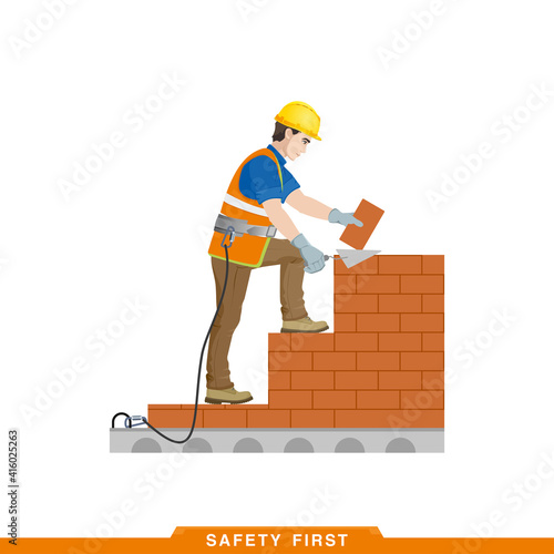 Safety first. Work rules at construction site. Safety engineering. Builder, worker, stone mason laying bricks. Vector illustration of a man in construction clothes