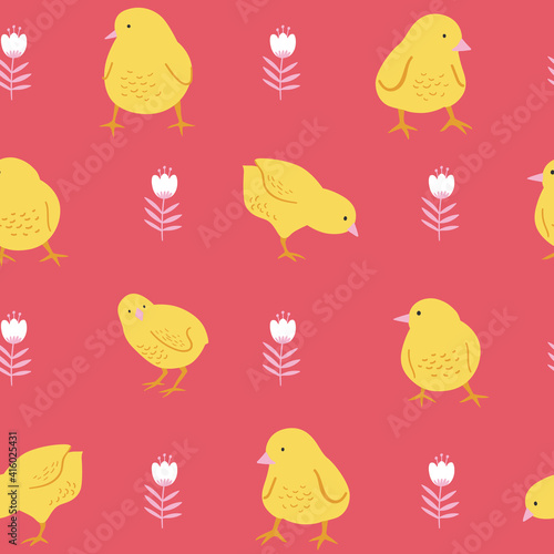 Seamless pattern with chicken and spring flowers for Easter. Vector design perfect for fabric, textile, wrapping paper, wallpaper and print.