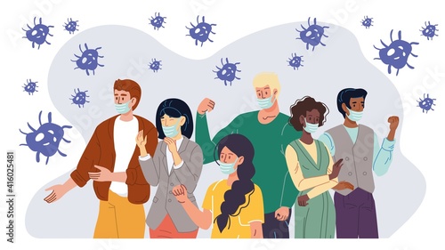 Cartoon flat characters wear face masks coronavirus covid-19 disease prevention protective measures vs 2019-ncov, personal hygiene viral respiratory infection concept