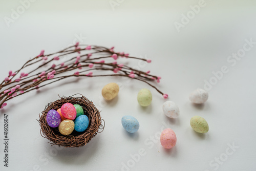 Colorful Easter eggs in bird's nest with Easter decorative branches on white background