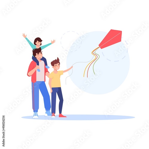 Vector cartoon flat family characters having fun play with kite outdoors.Boy control kites flight,dad,son,daughter rejoice,enjoy time together-happy family,toy shop,web site banner ad concept