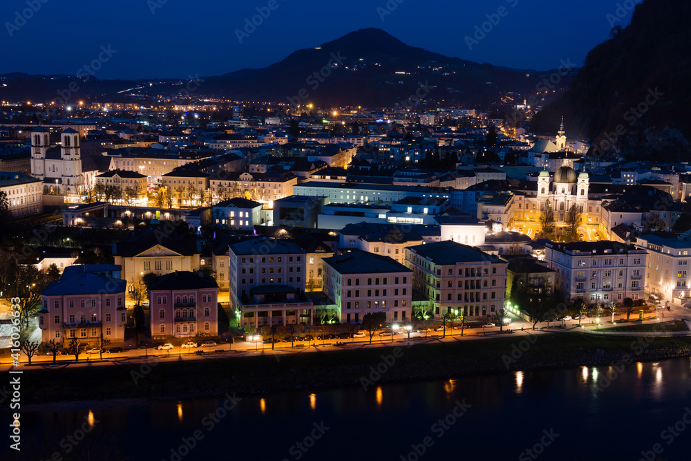 The right riverside of Salzburg known as the Neustadt (New town) at night, Austria