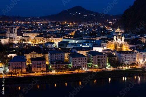 The right riverside of Salzburg known as the Neustadt (New town) at night, Austria