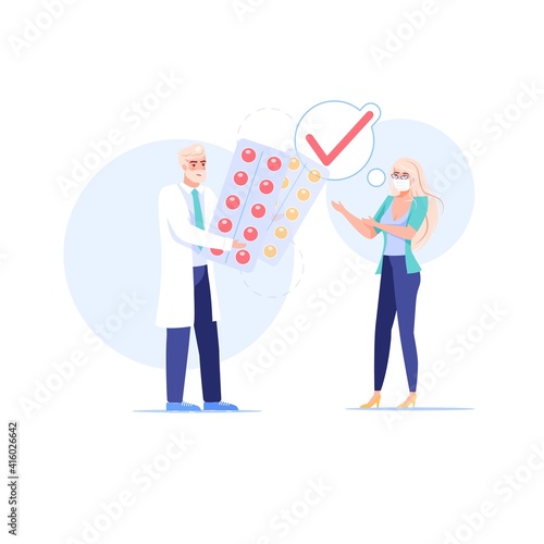 Vector cartoon flat patient,doctor characters.Physician gives prescribed medications to sick person woman in face mask-coronavirus medical treatment therapy,online telemedicine,web banner ad concept
