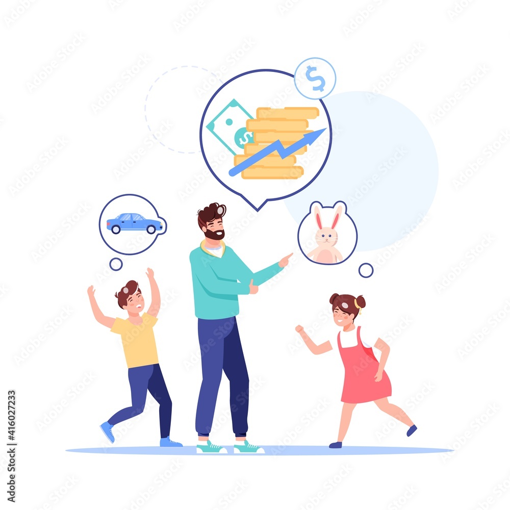 Vector cartoon flat family characters dreams of future.Dad kids dreaming,thinking of home budget finance management to increase income-money saving family budget,web site banner ad concept Vector cartoon flat family characters dreams of future.Dad kids dreaming,thinking of home budget finance management to increase income-money saving family budget,web site banner ad concept