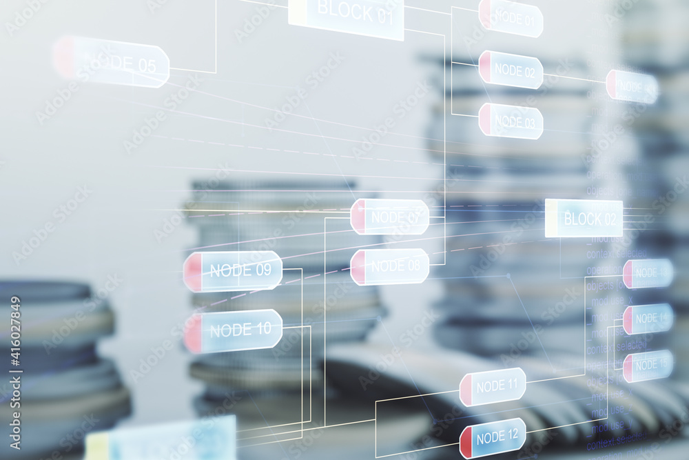 Multi exposure of abstract programming language hologram on growing ...