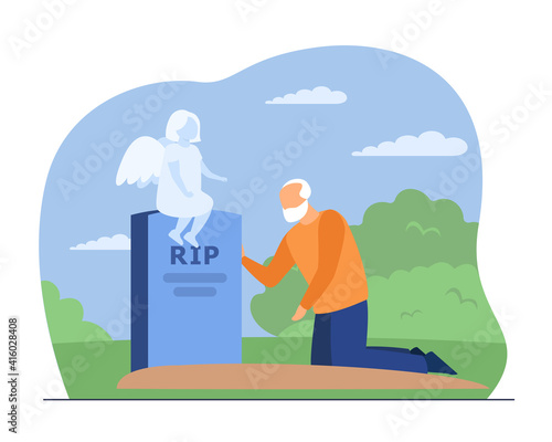 Sad grandfather crying on grave of his grandchild. Angel, ghost, sorrow flat vector illustration. Death and cemetery concept for banner, website design or landing web page