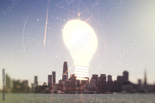 Virtual Idea concept with light bulb illustration on San Francisco skyline background. Multiexposure