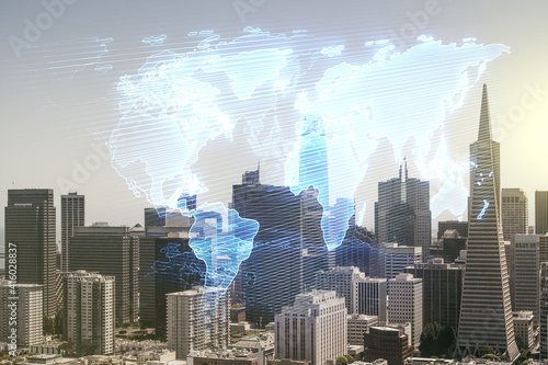 Abstract creative world map interface on San Francisco skyline background, international trading concept. Multiexposure