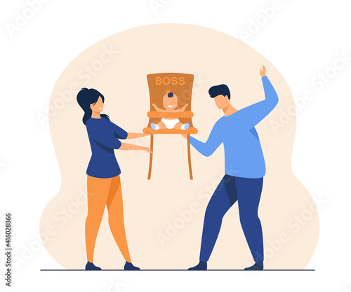 Happy parents treating their baby as king. Chair, boss, crown flat vector illustration. Parenthood, childhood and infancy concept for banner, website design or landing web page