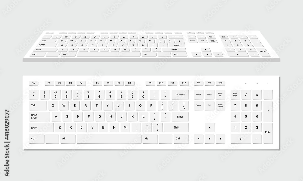Computer keyboards. White and black color, realistic keyboard, alphabet. Top view and