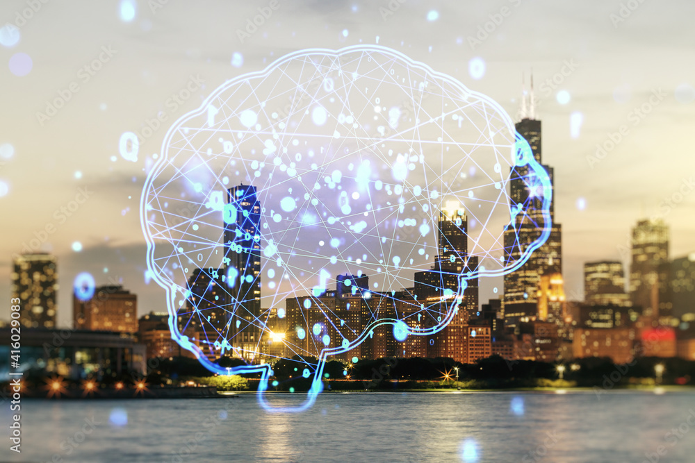 Obraz premium Virtual creative artificial Intelligence hologram with human brain sketch on Chicago skyline background. Multiexposure