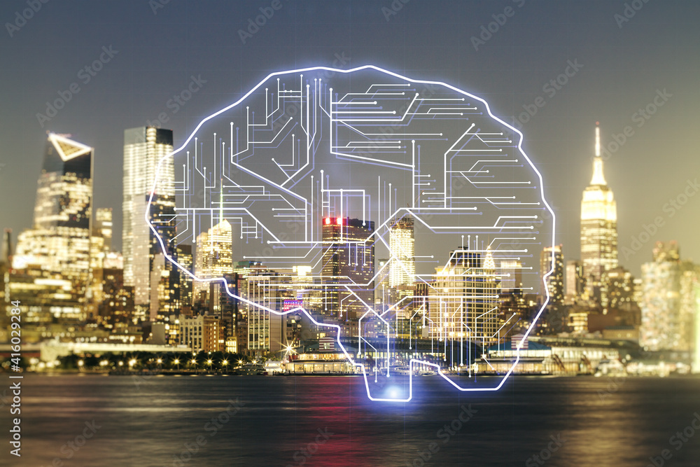 Obraz premium Virtual creative artificial Intelligence hologram with human brain sketch on New York city skyline background. Multiexposure