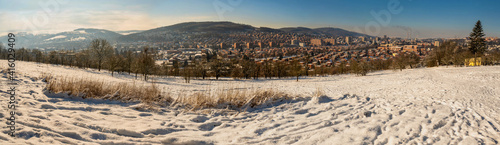 Картината върху платно Panorama of city Zlin in valley between hills with typical red brick buildings f