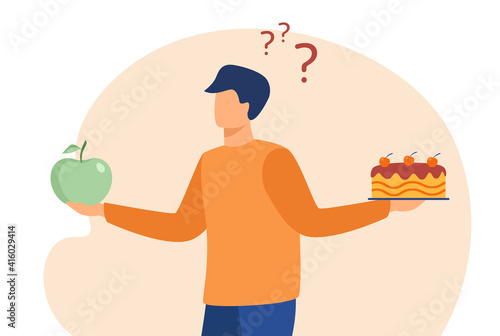 Thoughtful man choosing between cake and apple. Fruit, diet, choice flat vector illustration. Health food and nutrition concept for banner, website design or landing web page