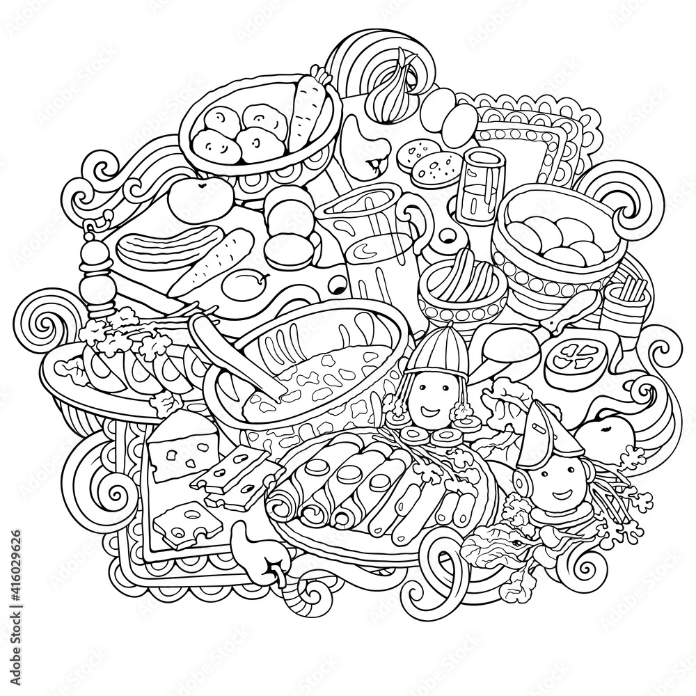 Food hand drawn raster doodles illustration