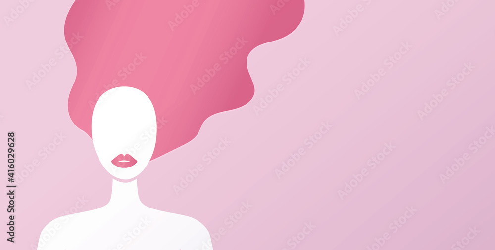 Stylish modern woman portrait illustration for background. Girl with long pink hair on pink background. Place for text. - Vector