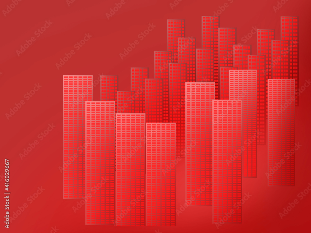 red background with urban high-rise buildings.