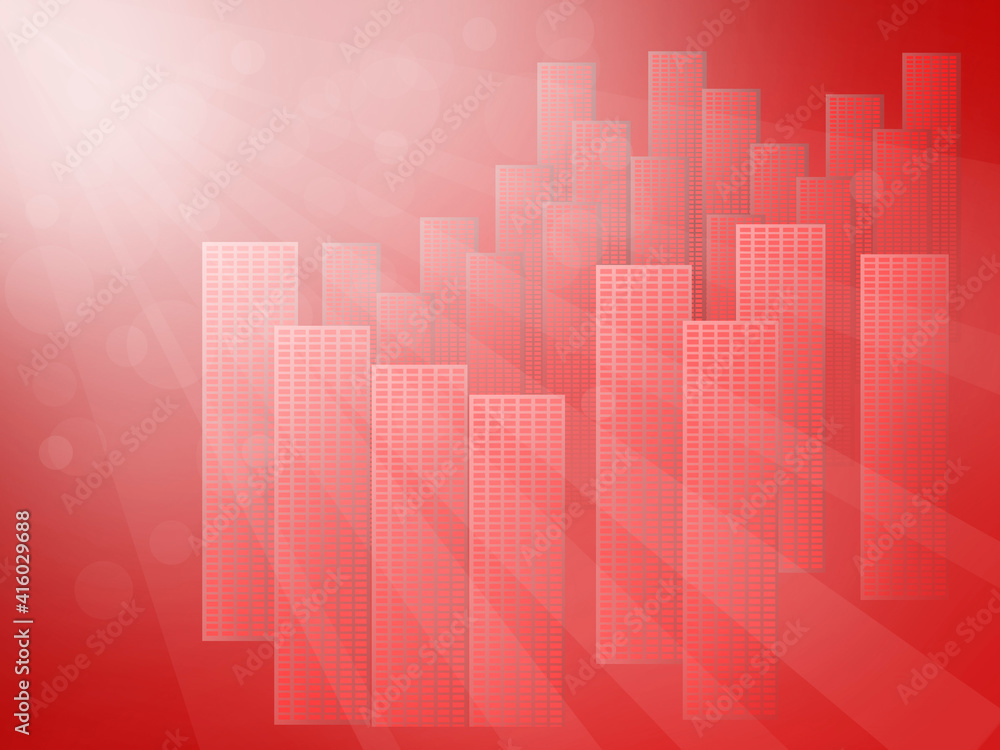 red background with urban high-rise buildings in bright white sunlight ...