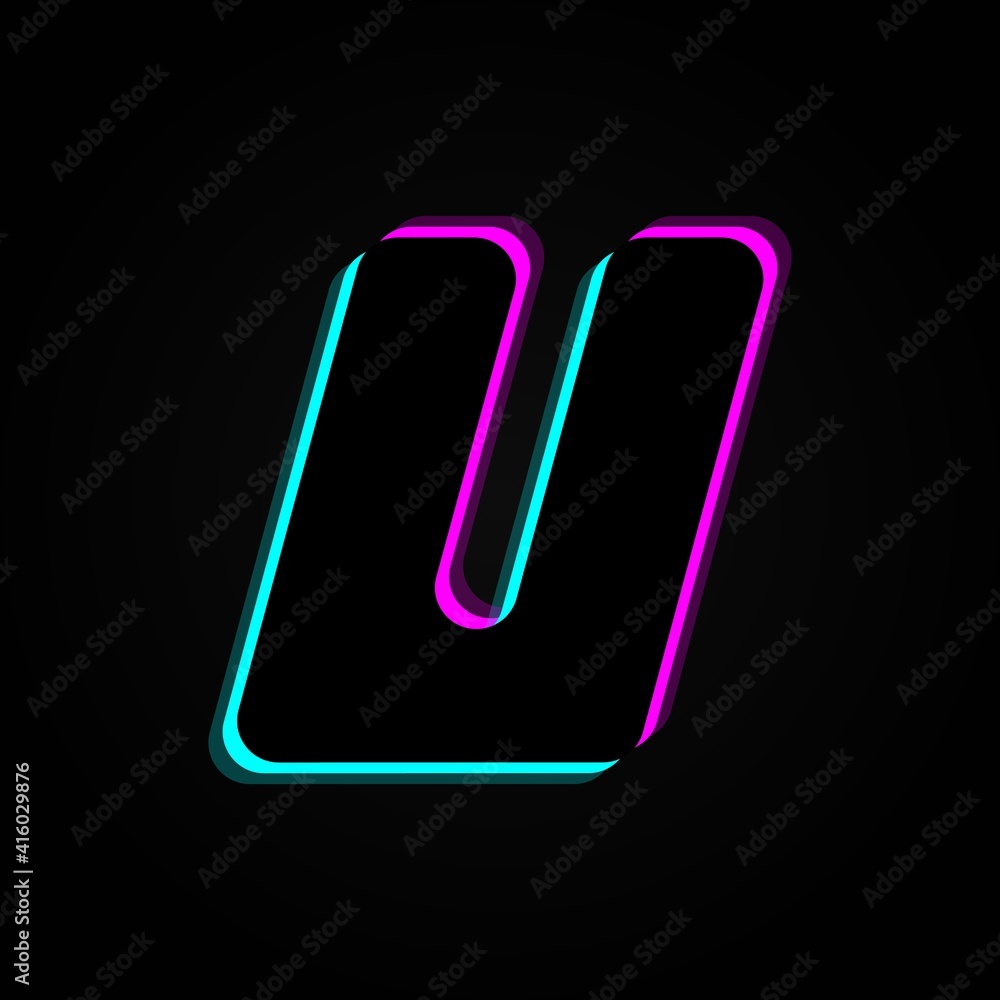 U letter, vector bright neon font. For dark night theme, vibrant identity, techno design, app logo and more