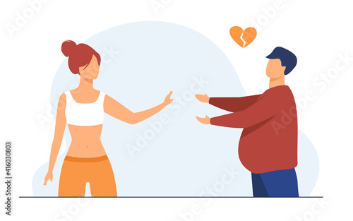 Slim woman rejecting love of fat man. Heart, body, weight flat vector illustration. Relationship and healthcare concept for banner, website design or landing web page